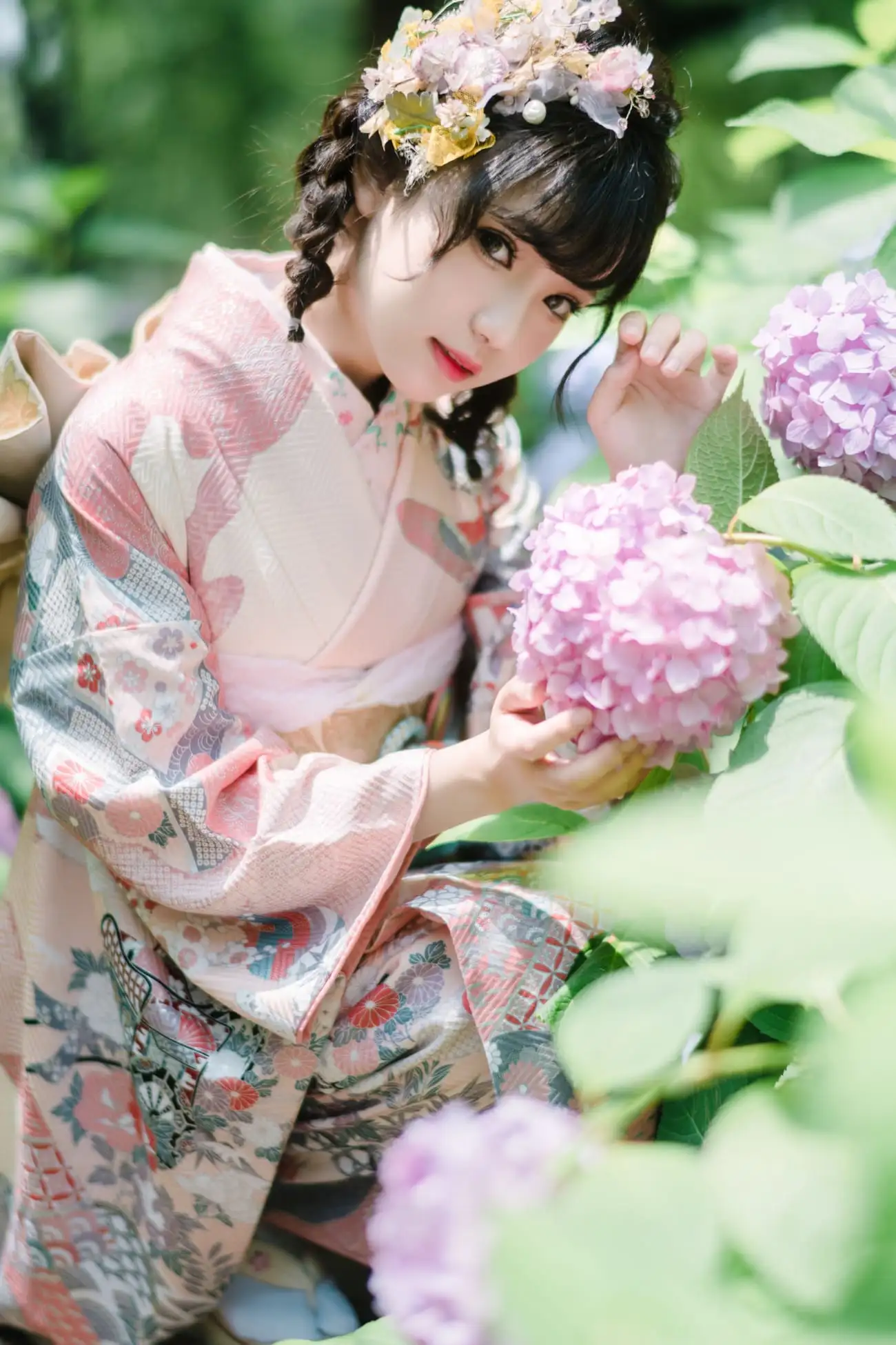 花柒Hana和服绣球花外拍 梅雨季节的粉彩片刻